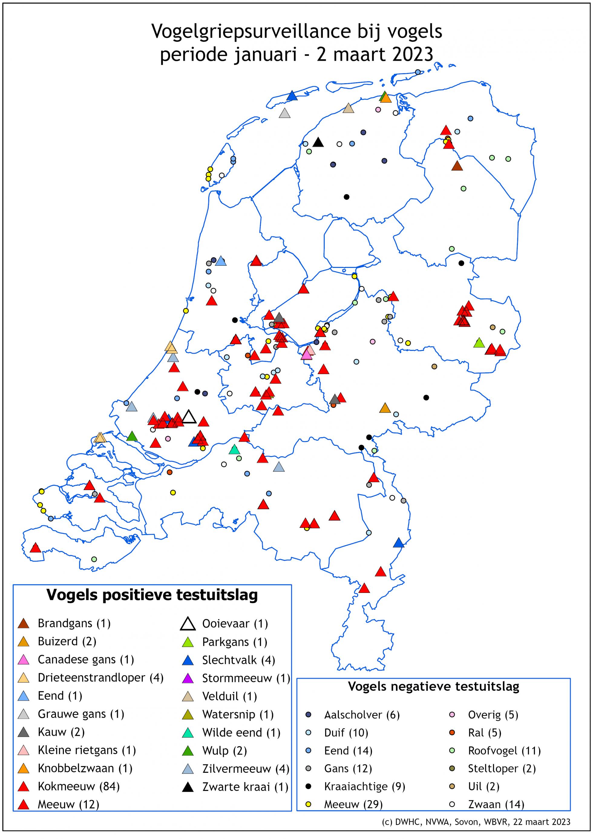 Kaart 1: Locaties van vogelgriep testuitslagen per vogelsoort (positief) of soortgroep (negatief). 