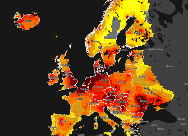Relatieve kans op de introductie van vogelgriep in Europa in de week van 5 t/m 11 februari. Hoe roder een gebied gekleurd is, hoe hoger de kans. (bron: EFSA’s Bird Flu Radar op app.bto.org/hpai)