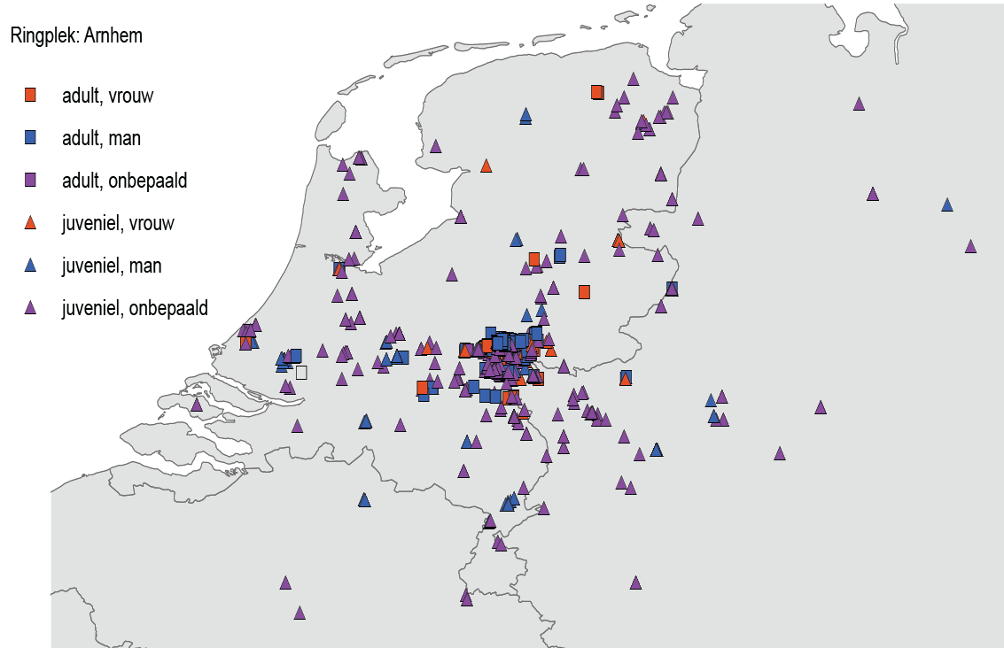 Kaart met alle meldingen van Nijlganzen geringd in Arnhem