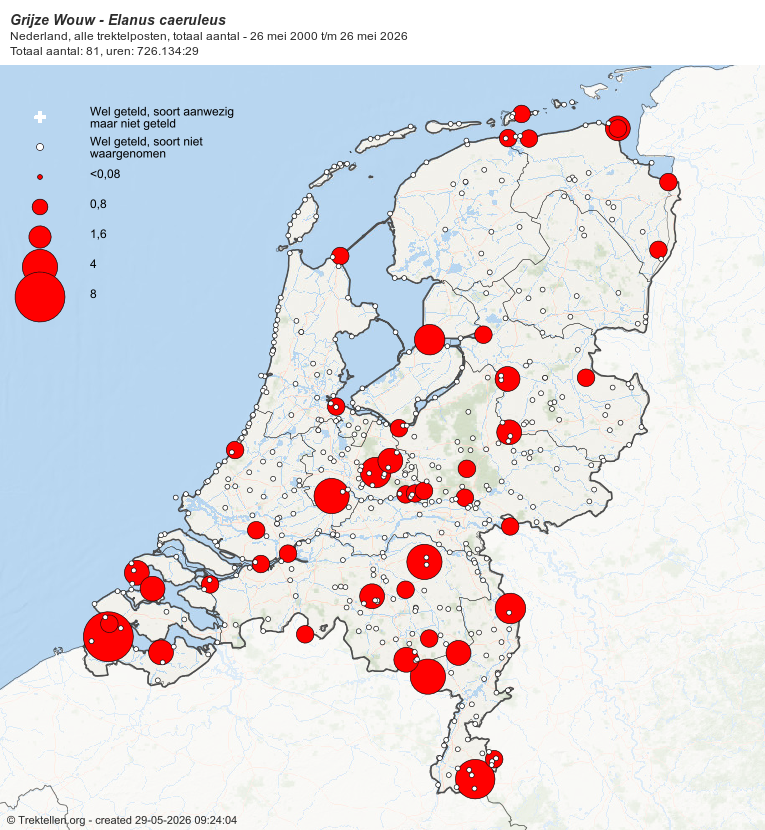 Figuur 3. Kaart van aantal Grijze Wouwen per telpost. Let op: het aantal teluren per telpost verschilt (Bron: Trektellen.nl)