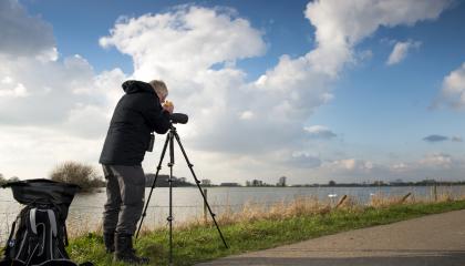 Watervogelteller in actie langs rivier